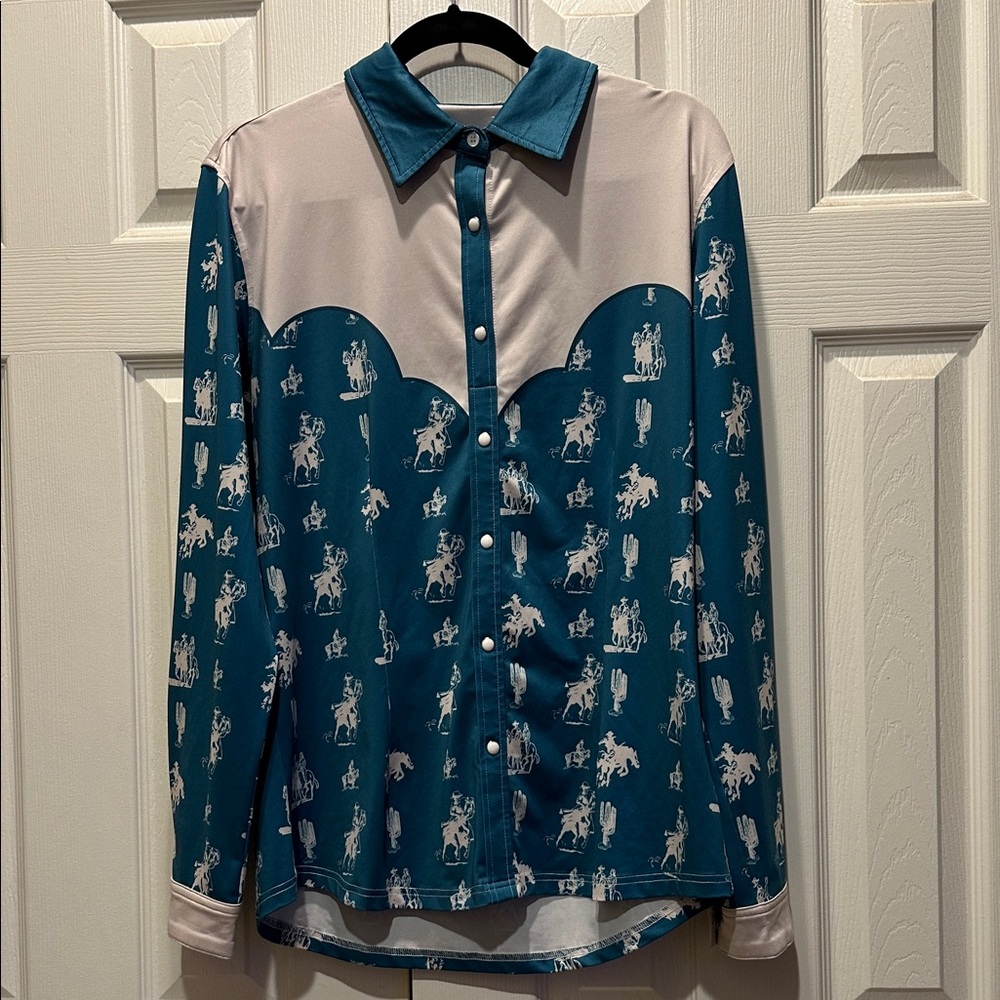 Ranch Dressn Cowboy print Teal and Cream pullover rodeo shirt.